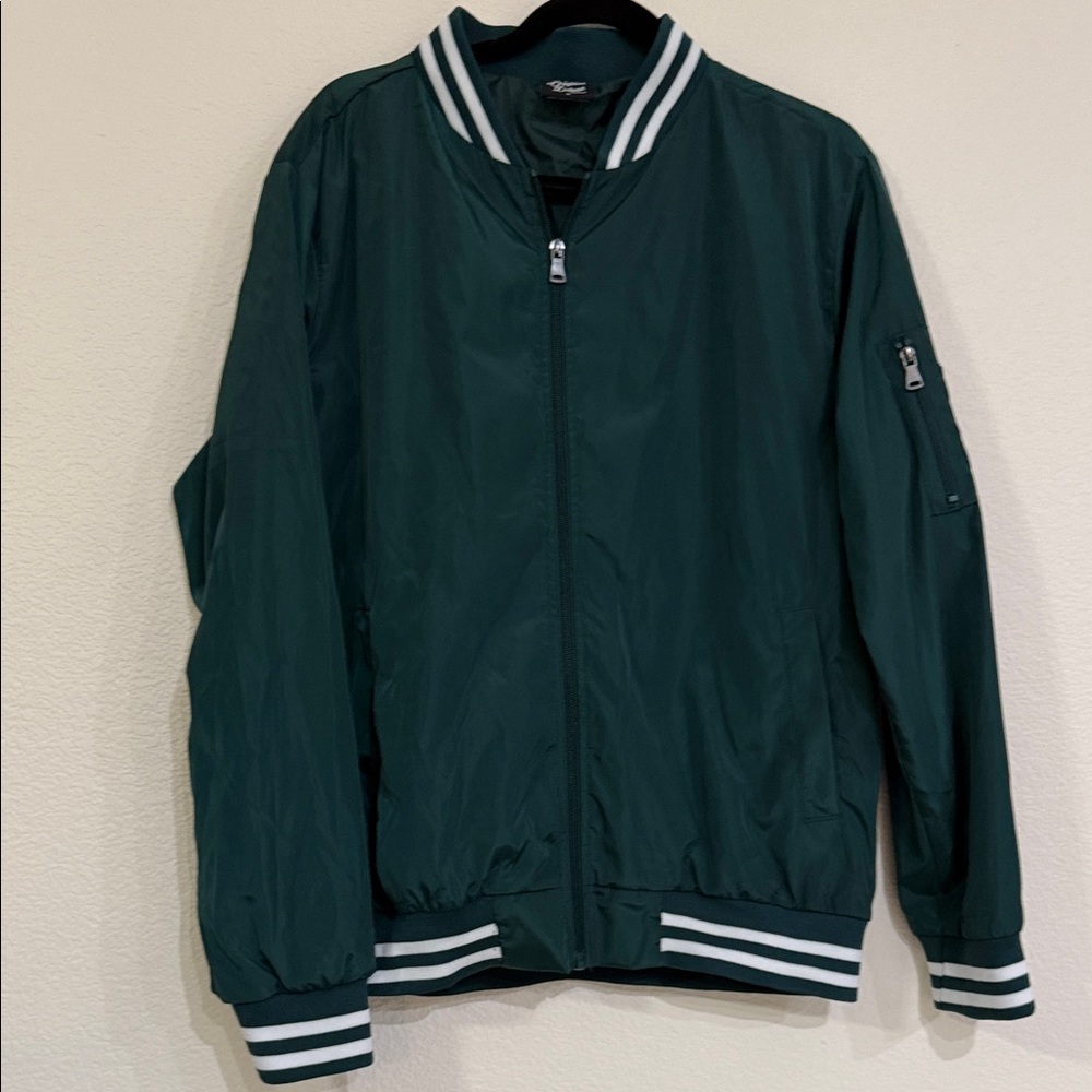 Original Deluxe Forest Green Bomber Jacket with Striped Details size Small